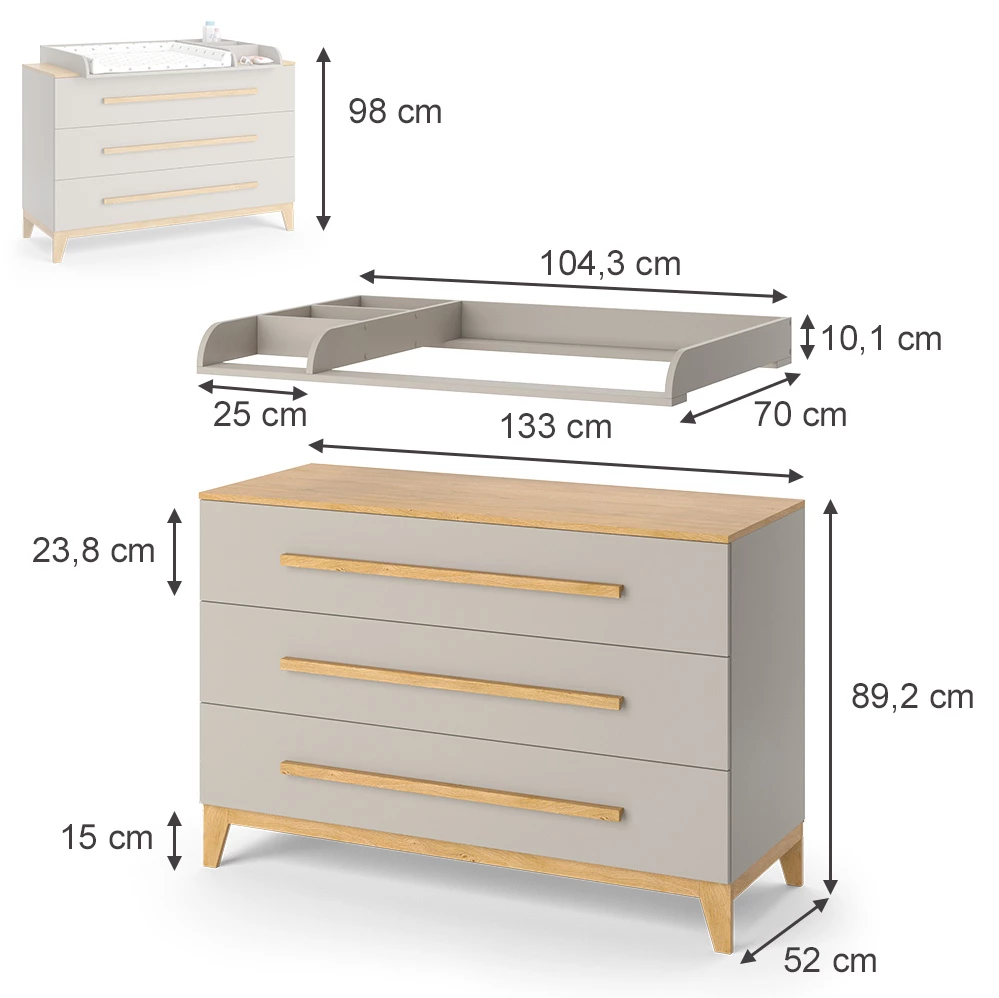 Vitalispa Wickelkommode Cashmere-Eiche 133 x 98 cm XL mit 3 Schubladen, Malia