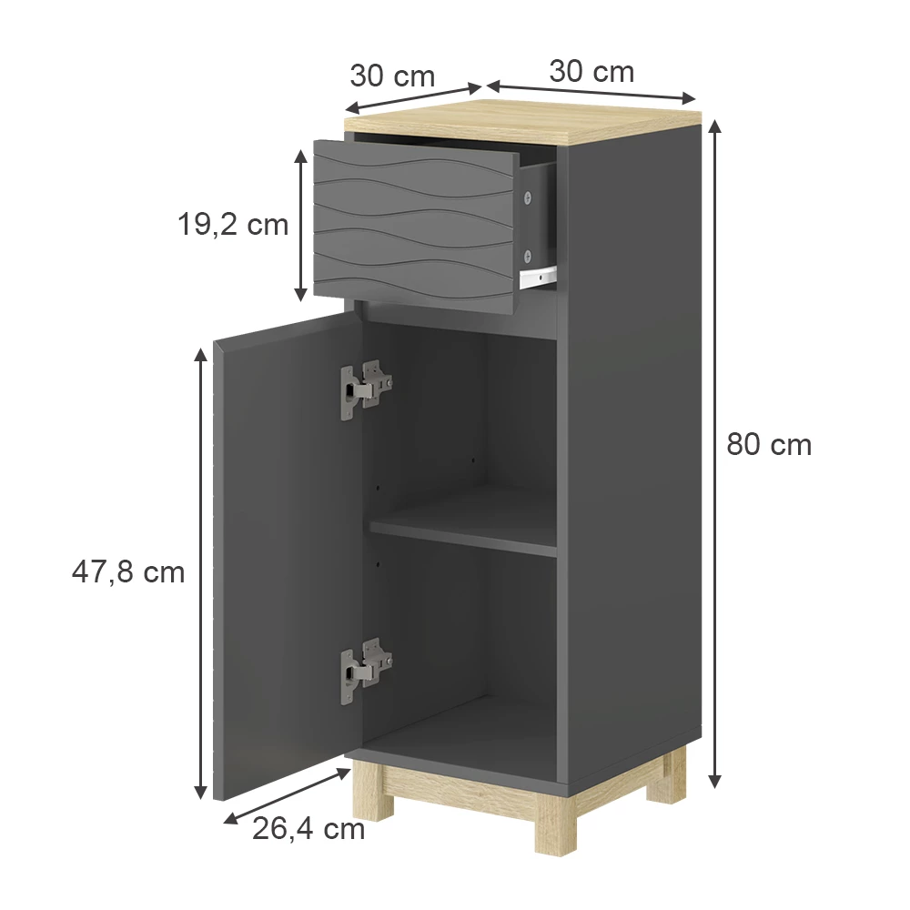 Vicco Midischrank "Livia", Anthrazit, 30 x 80 cm mit Schublade