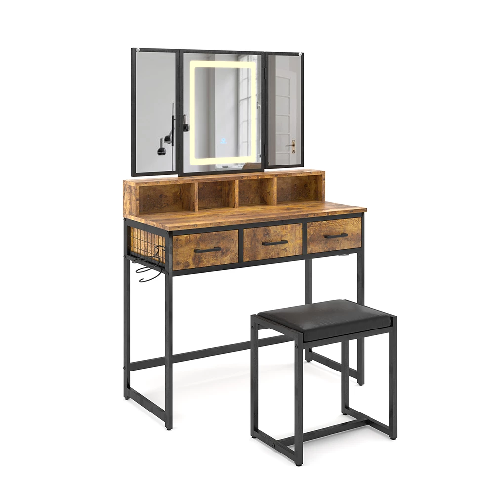 Vicco Schminktisch Eiche rustikal 90 cm mit Hocker und LED-Spiegel, Fyrk