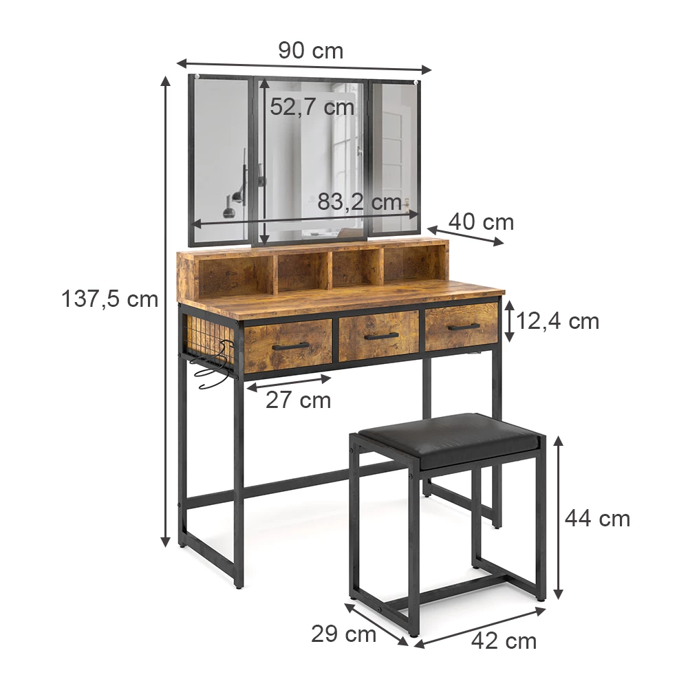 Vicco Schminktisch Eiche rustikal 90 cm mit Hocker und LED-Spiegel, Fyrk