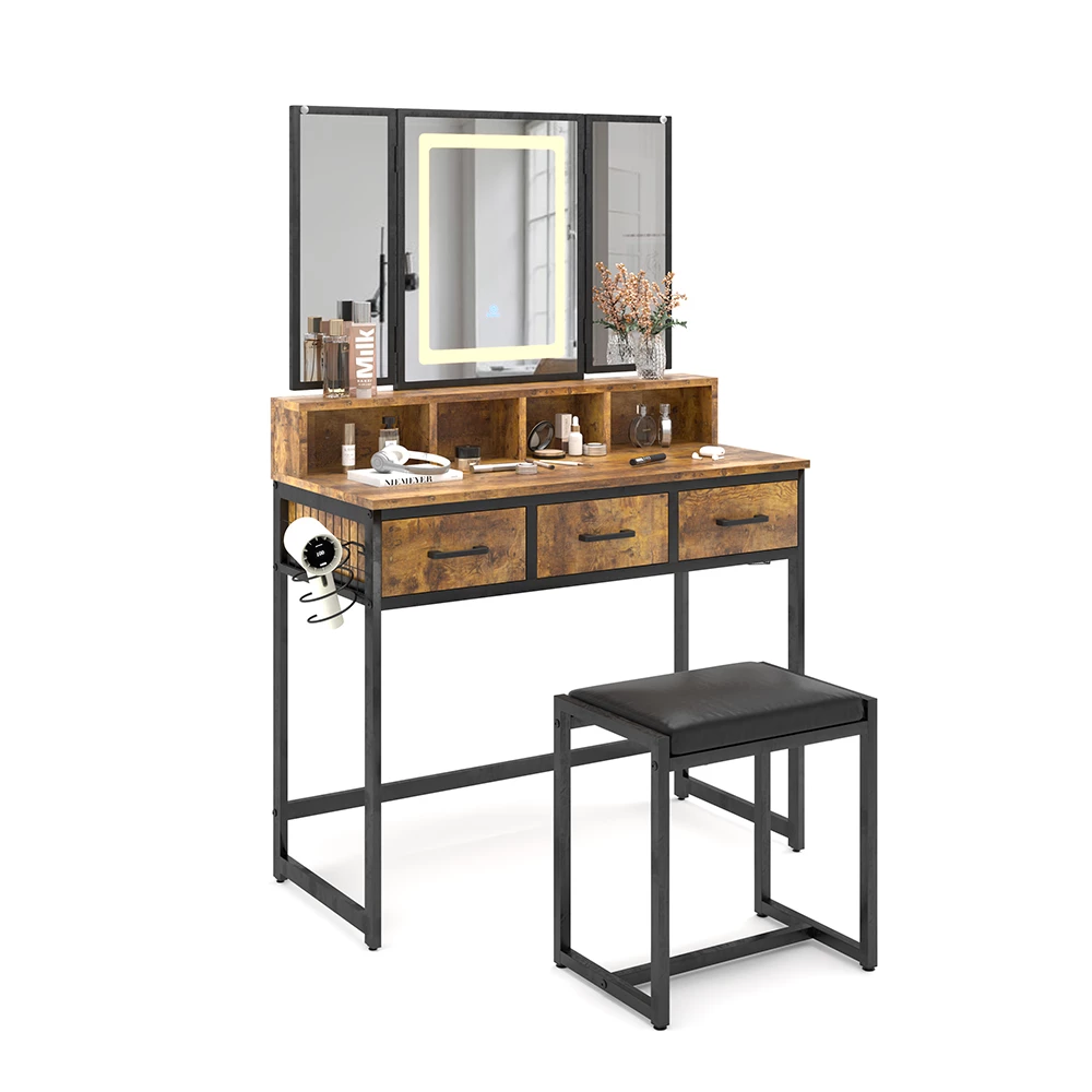 Vicco Schminktisch Eiche rustikal 90 cm mit Hocker und LED-Spiegel, Fyrk