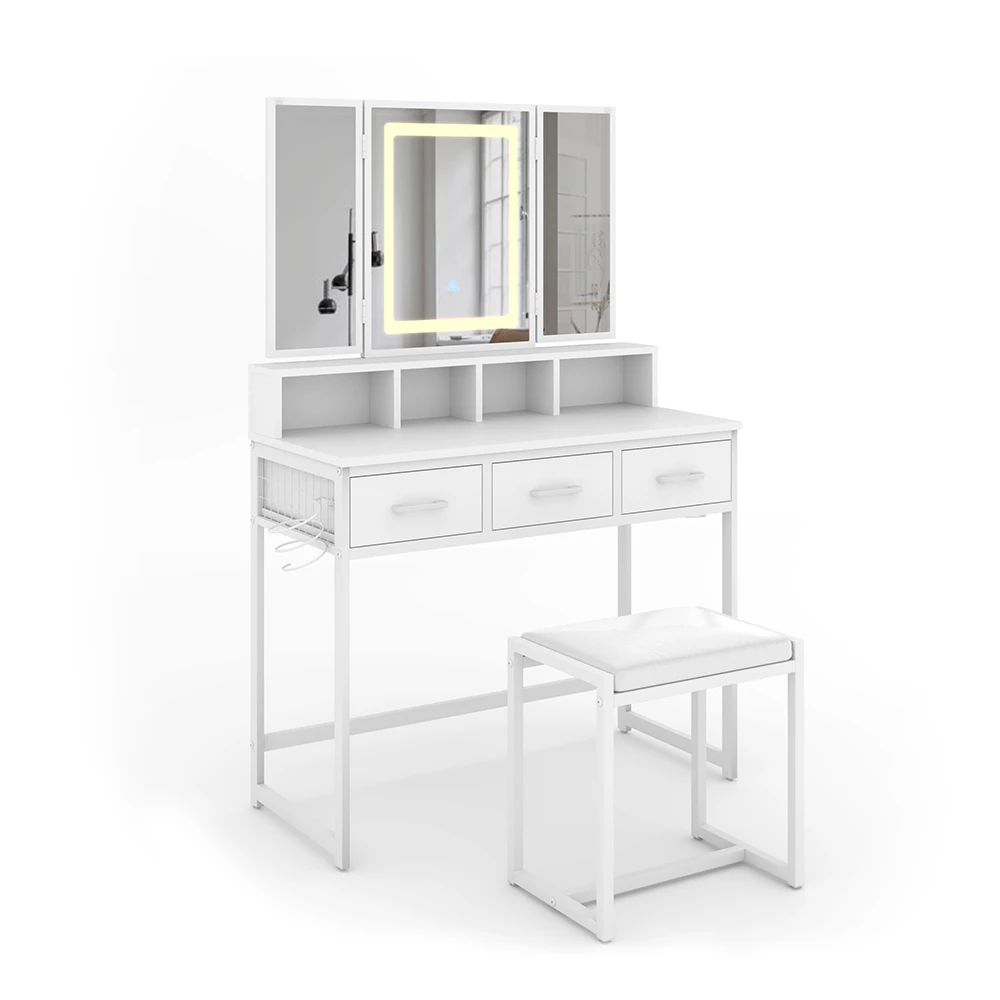 Vicco Tavolo da toilette Bianco 90 cm con specchio LED e sgabello, Mavida