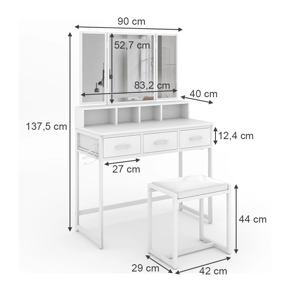 Vicco Tavolo da toilette Bianco 90 cm con specchio LED e sgabello, Mavida