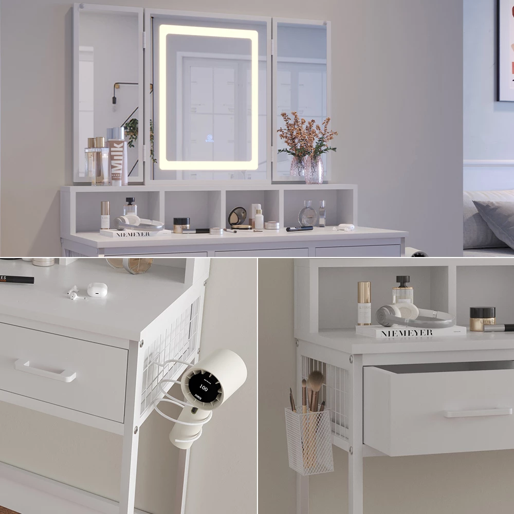 Vicco Tavolo da toilette Bianco 90 cm con specchio LED e sgabello, Mavida