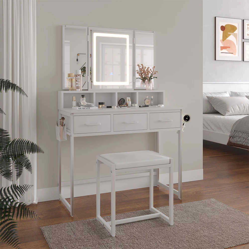 Vicco Tavolo da toilette Bianco 90 cm con specchio LED e sgabello, Mavida