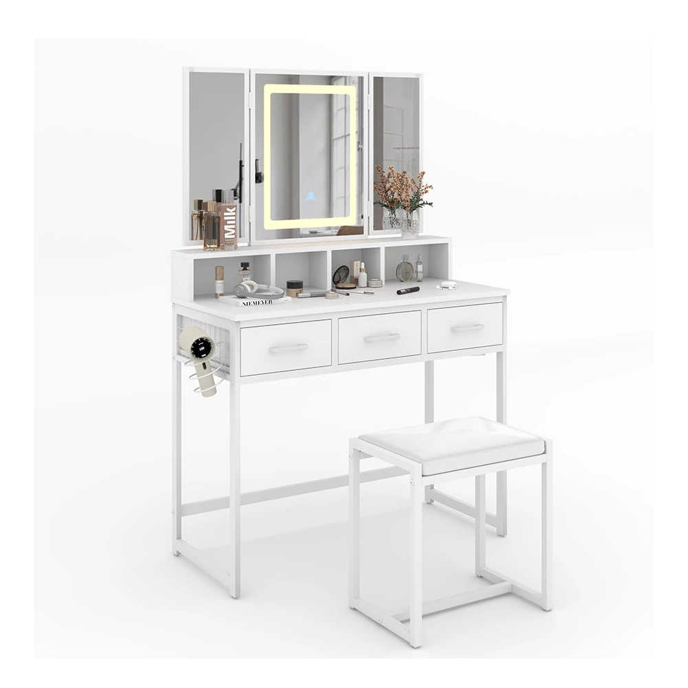 Vicco Tavolo da toilette Bianco 90 cm con specchio LED e sgabello, Mavida