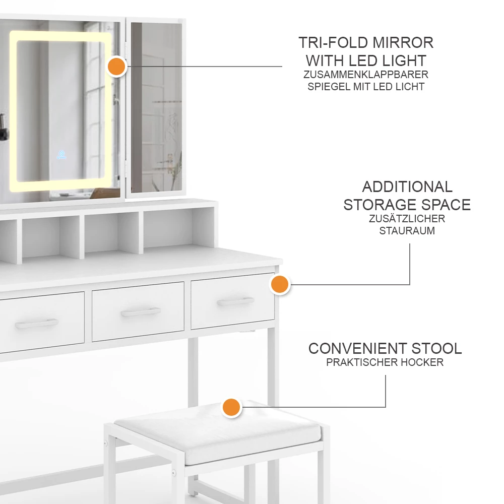 Vicco Tavolo da toilette Bianco 90 cm con specchio LED e sgabello, Mavida