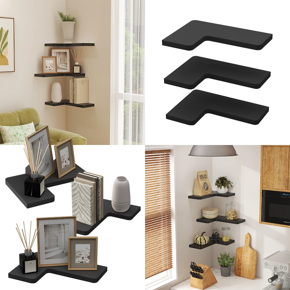 Eckregal Curva Schwarz 40.5 x 2.5 cm 3er Set Vicco | Schwarz | Wandregal