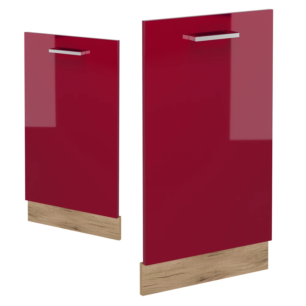 Façade de lave-vaisselle en Rouge brillant sur fond blanc avec des éléments décoratifs