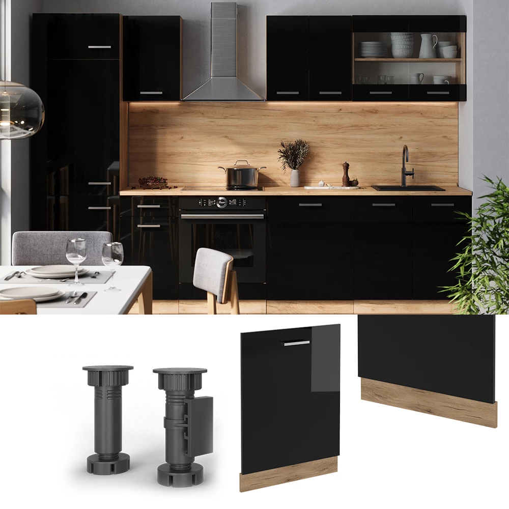 Façade de lave-vaisselle en Noir Haute brillance, présenté dans un décor ambiant avec décoration