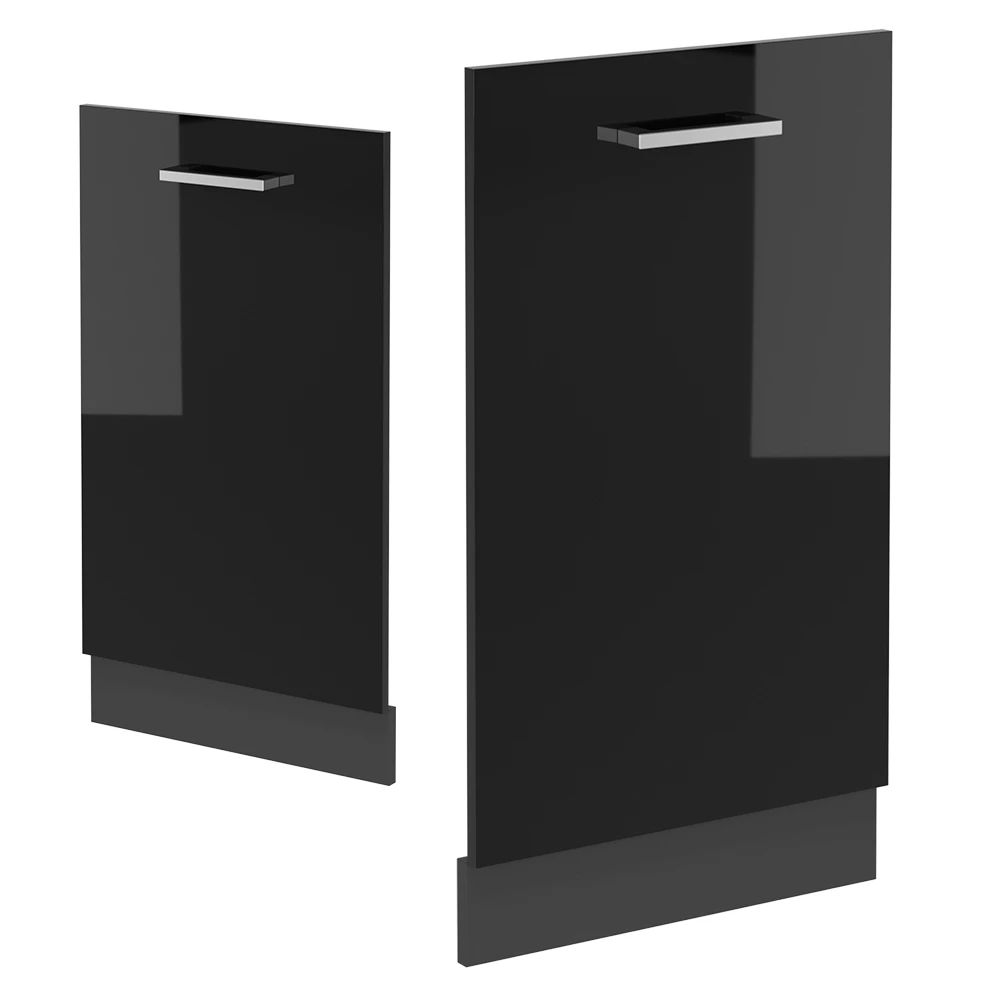 Façade de lave-vaisselle en Noir Haute brillance sur fond blanc avec des éléments décoratifs