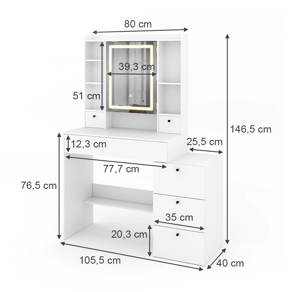 Vicco Schminktisch Weiß 105.5 cm mit LED-Spiegel, Livora