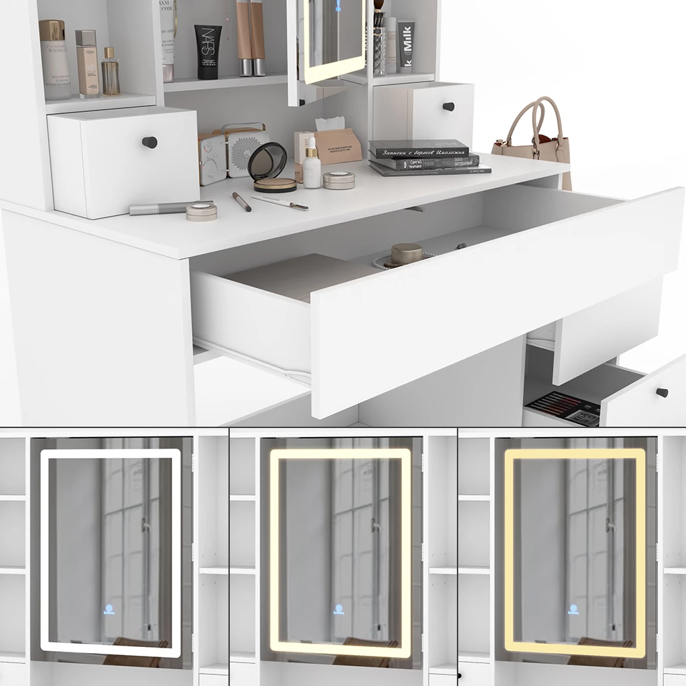 Vicco Schminktisch Weiß 105.5 cm mit LED-Spiegel, Livora