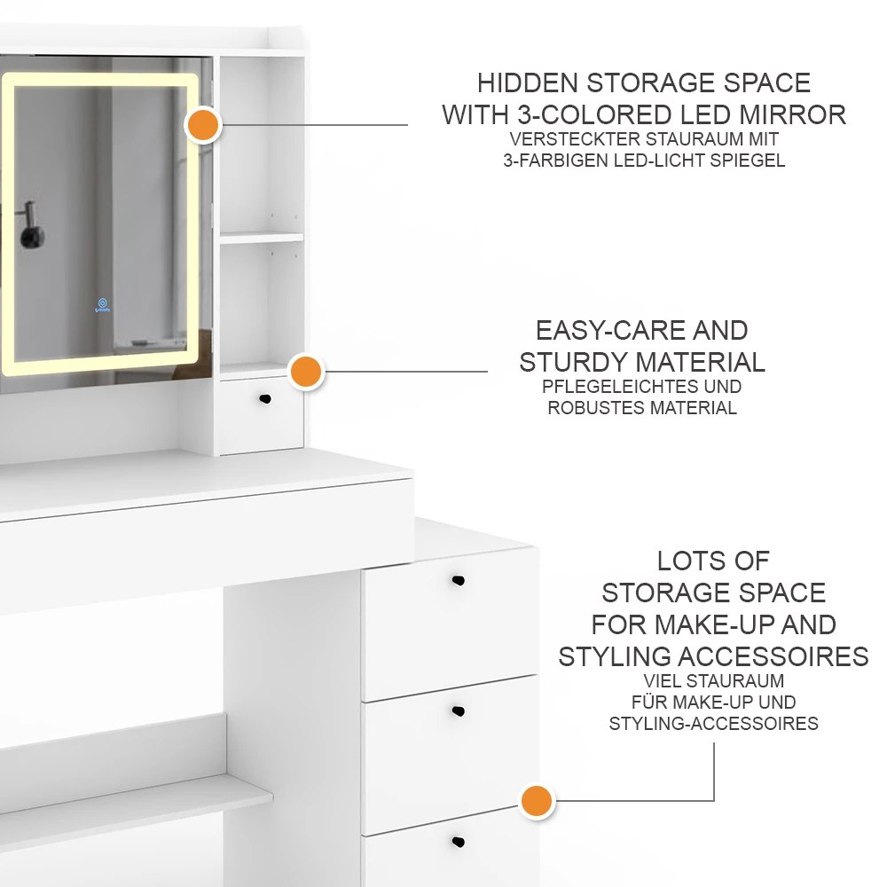 Vicco Schminktisch Weiß 105.5 cm mit LED-Spiegel, Livora