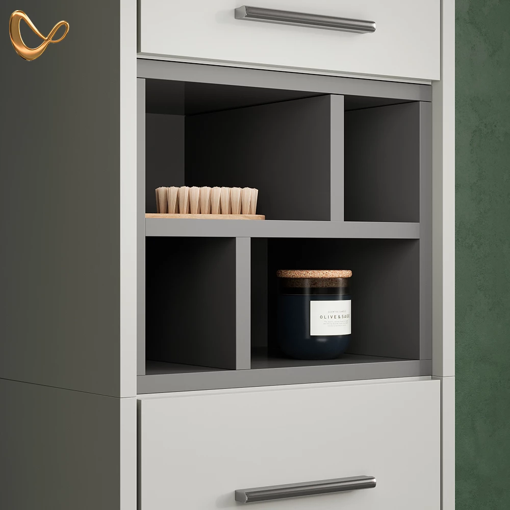 Nahaufnahme von Badmöbel-Set in Grau, zeigt Design- und Oberflächendetails