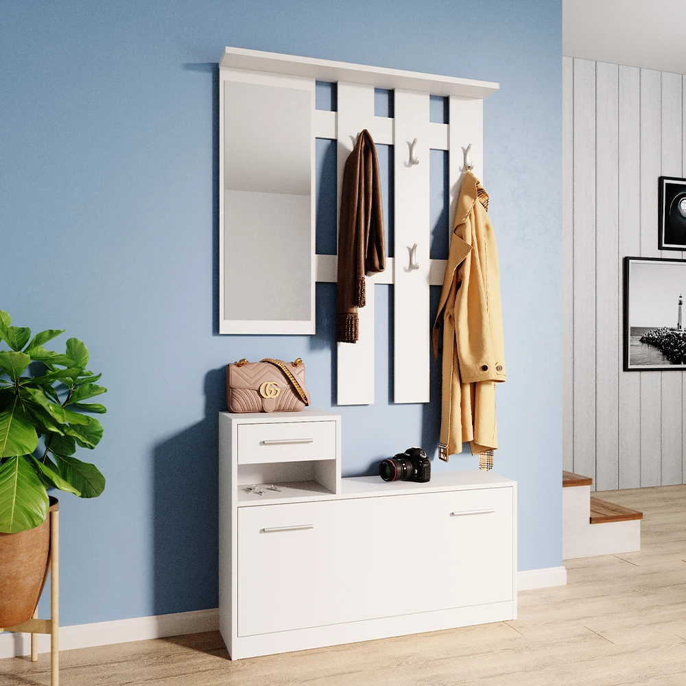 Garderobe in Weiß auf weißem Hintergrund