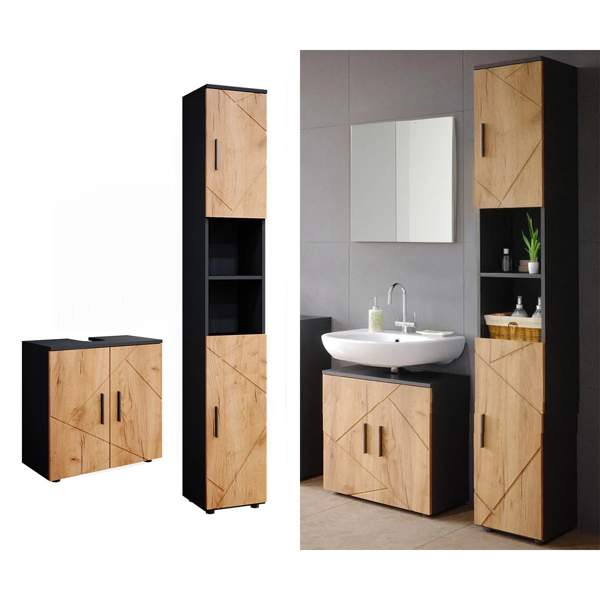 Vicco Set di mobili da bagno Quercia dorata/antracite 2 parti, con colonna, Irma
