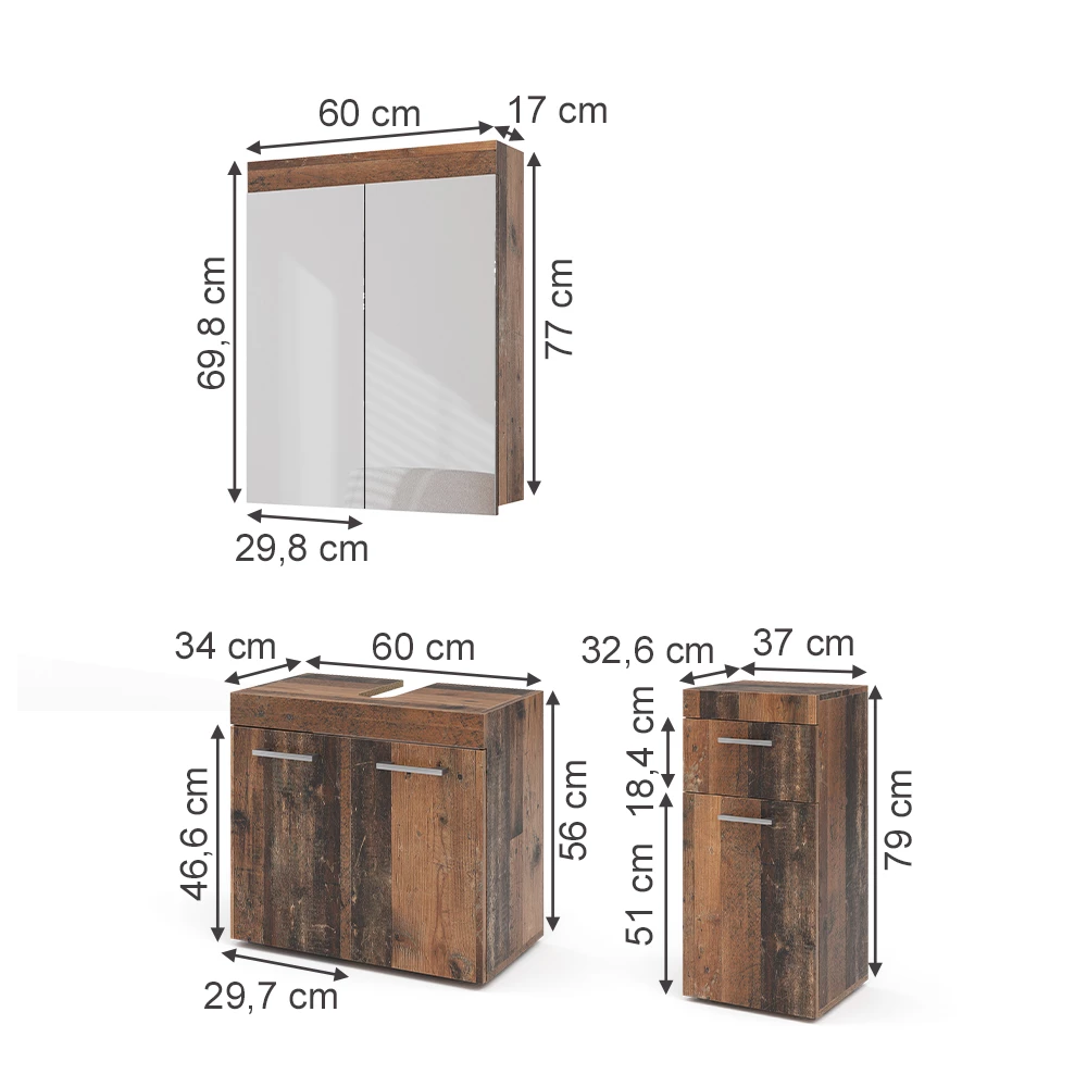 Vicco Badmöbel-Set Oldstyle 3 Teile, Luna