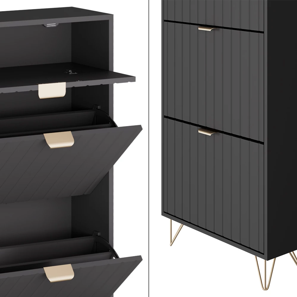 Close-up van Schoenenkast in Zwart, met ontwerp- en oppervlakte-details