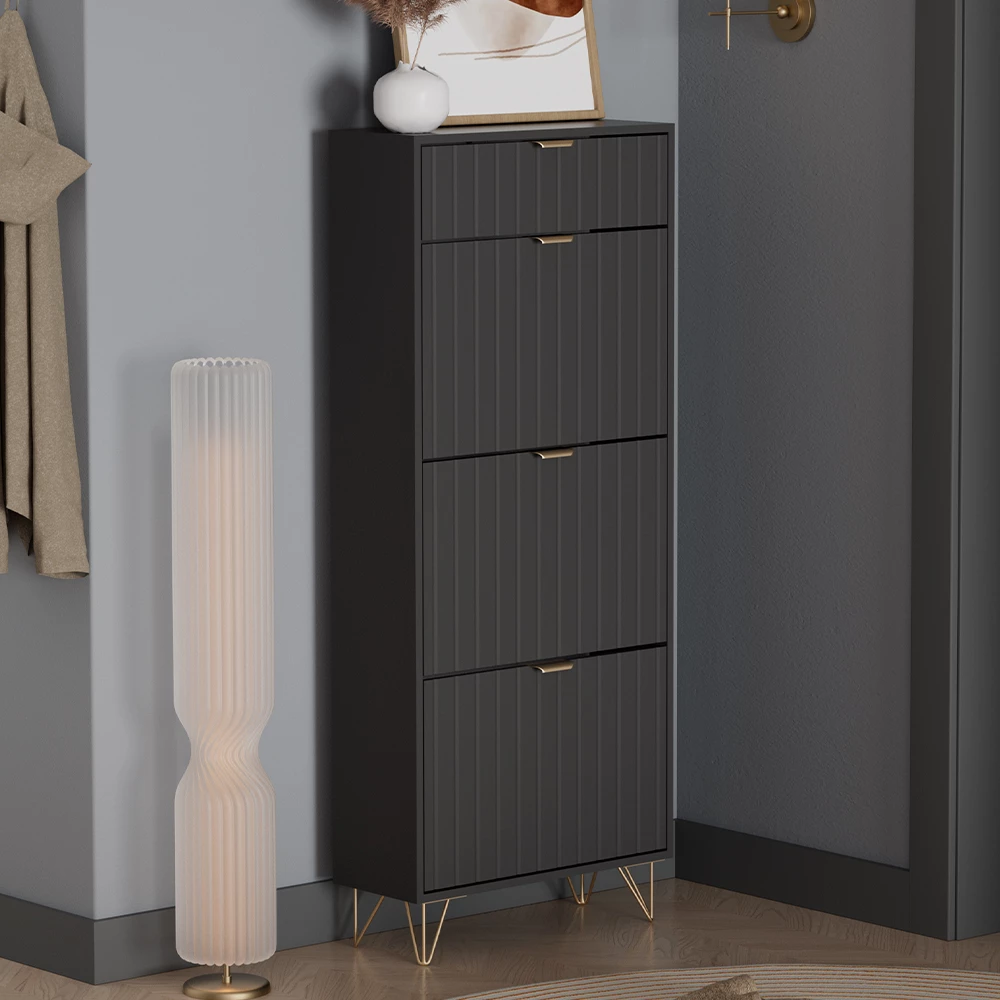 Schoenenkast in Zwart, getoond in een sfeervolle omgeving met decoratie