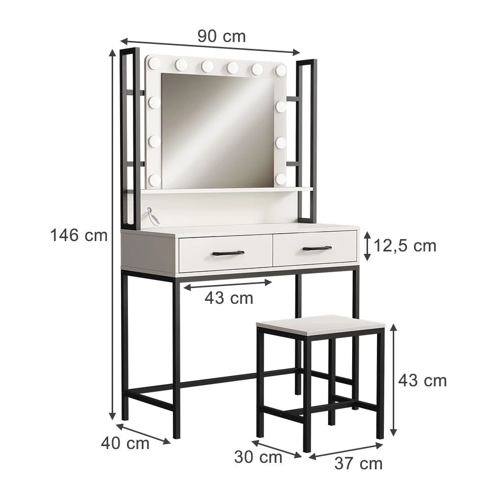 Vicco Schminktisch Weiß 90 cm mit LED-Beleuchtung und Hocker, Luvia