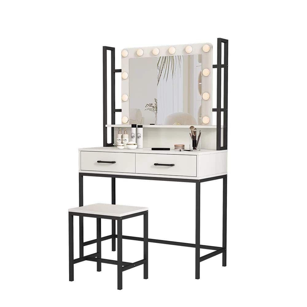 Vicco Schminktisch Weiß 90 cm mit LED-Beleuchtung und Hocker, Luvia