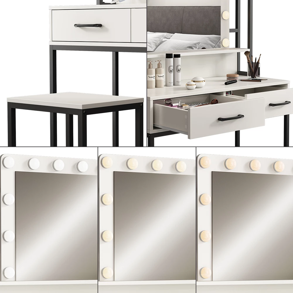 Vicco Schminktisch Weiß 90 cm mit LED-Beleuchtung und Hocker, Luvia