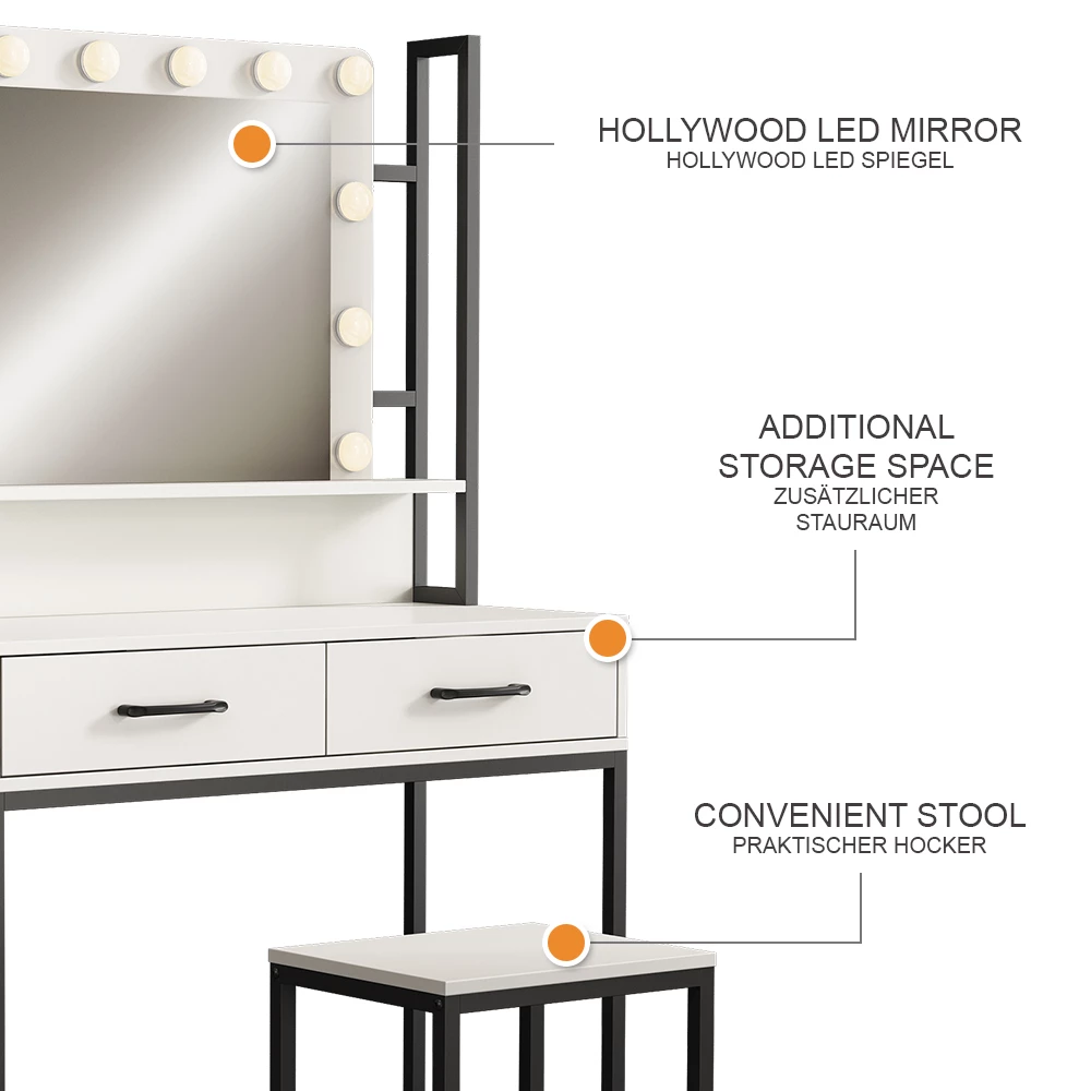Vicco Schminktisch Weiß 90 cm mit LED-Beleuchtung und Hocker, Luvia