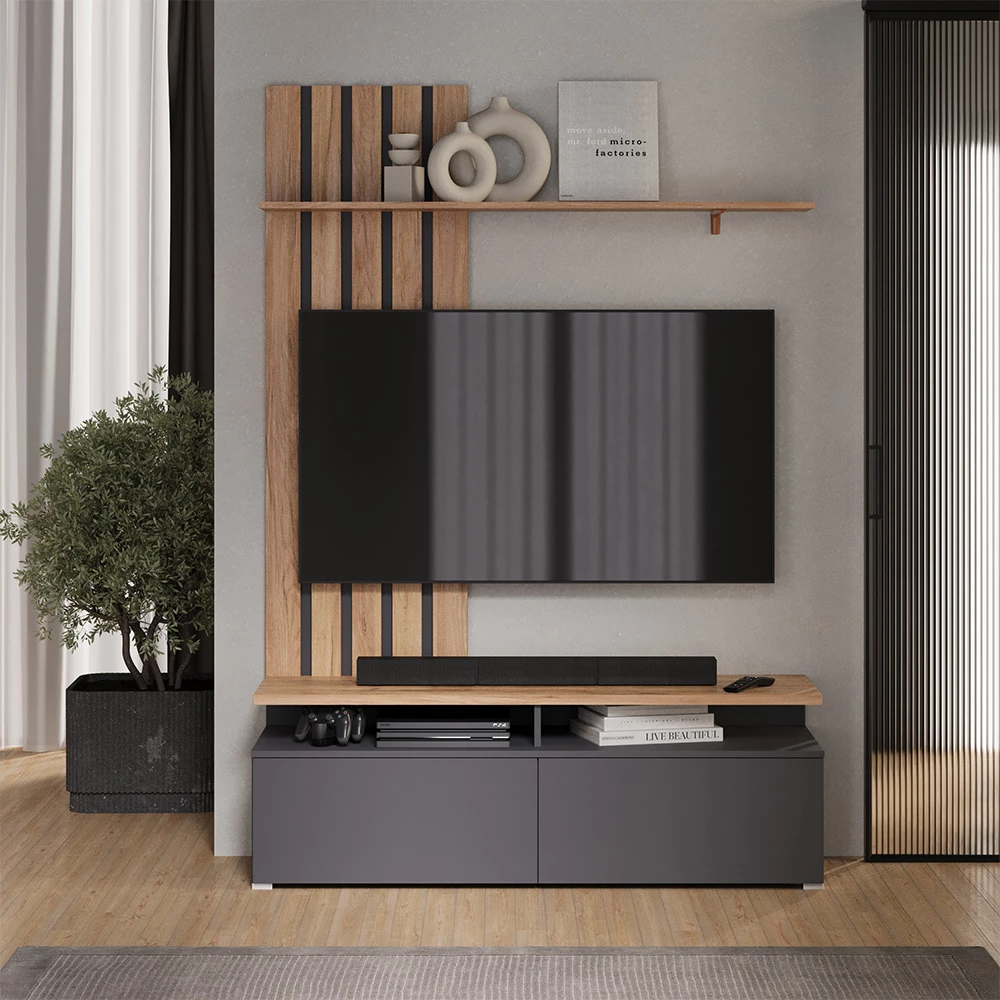 Wohnwand u boji Zlatna kvaliteta/uzorak ugljena, prikazan u ambijentalnom okruženju s dekoracijom