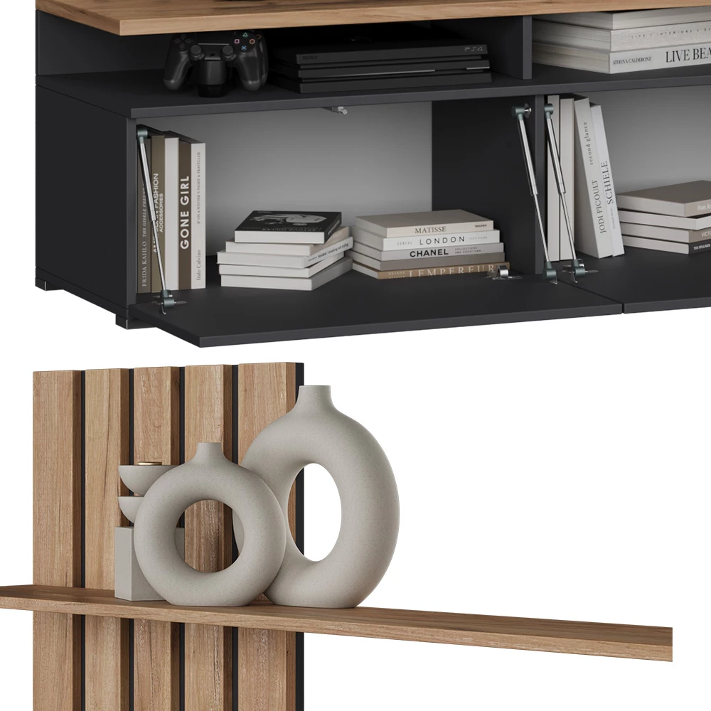 Prikaz izbliza Wohnwand u boji Zlatna kvaliteta/uzorak ugljena, prikazuje dizajn i površinske detalje