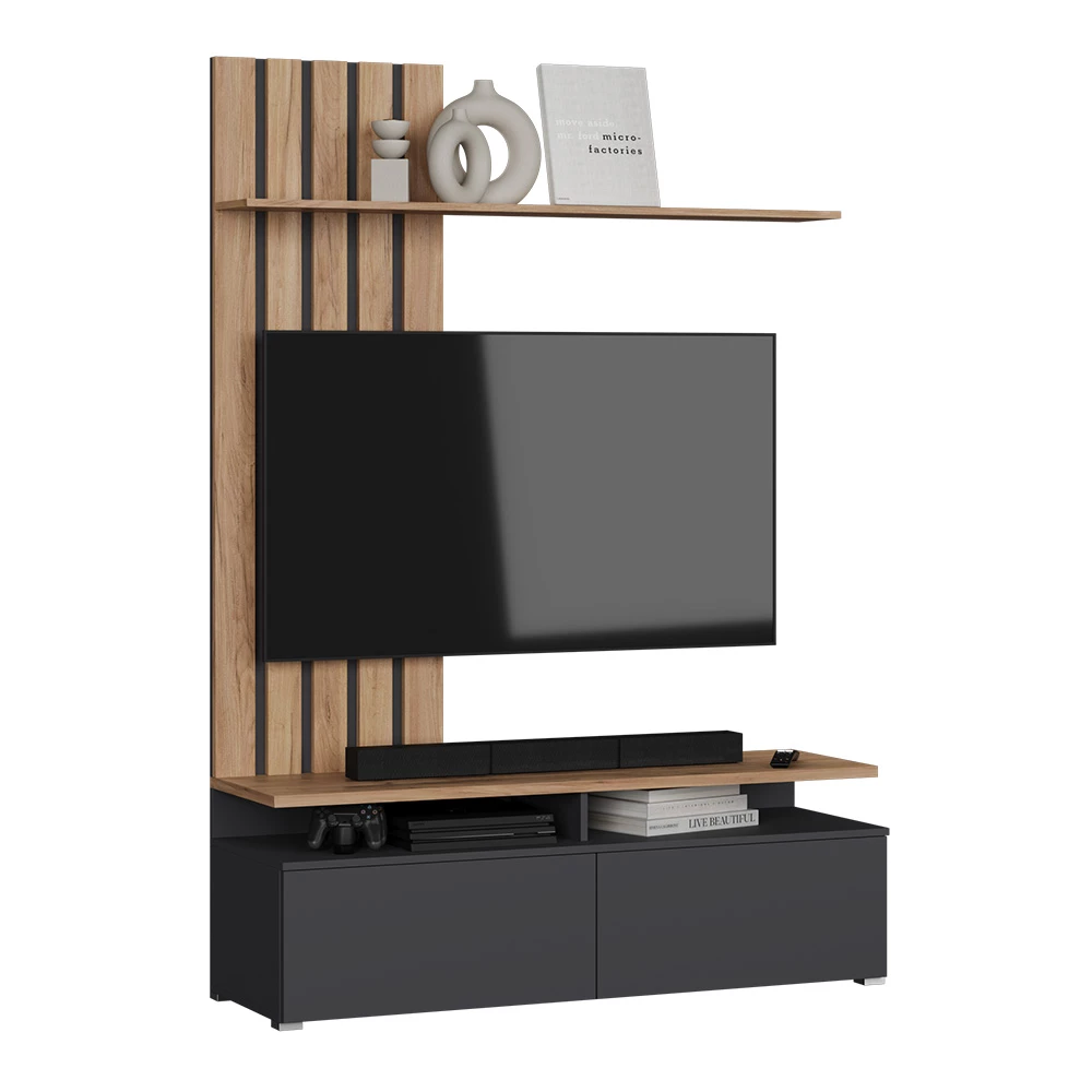 Wohnwand u boji Zlatna kvaliteta/uzorak ugljena na bijeloj pozadini s dekorativnim elementima