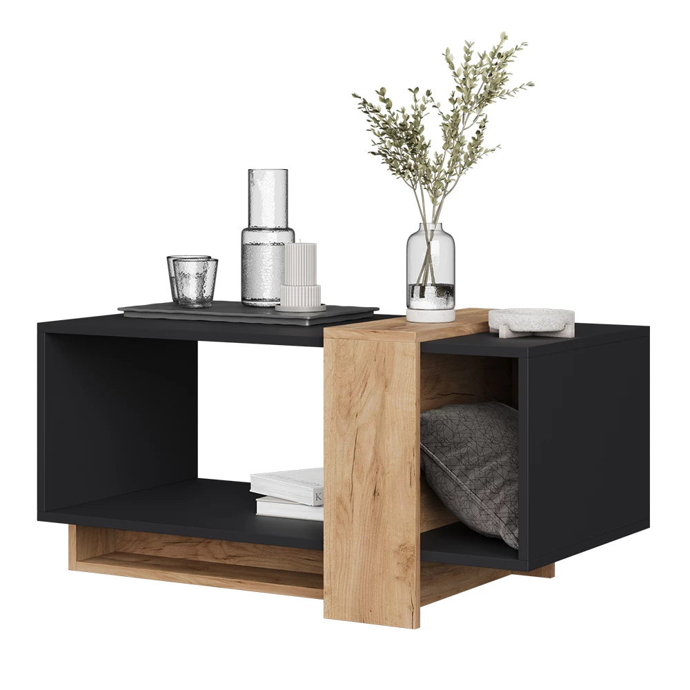 Kávéasztal Antracit/arany tölgy színben fehér háttéren dekoratív elemekkel