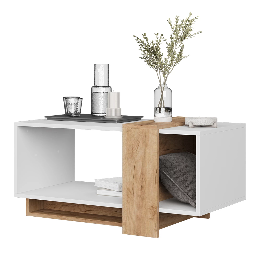 Tavolino in Rovere bianco/dorato su sfondo bianco con elementi decorativi