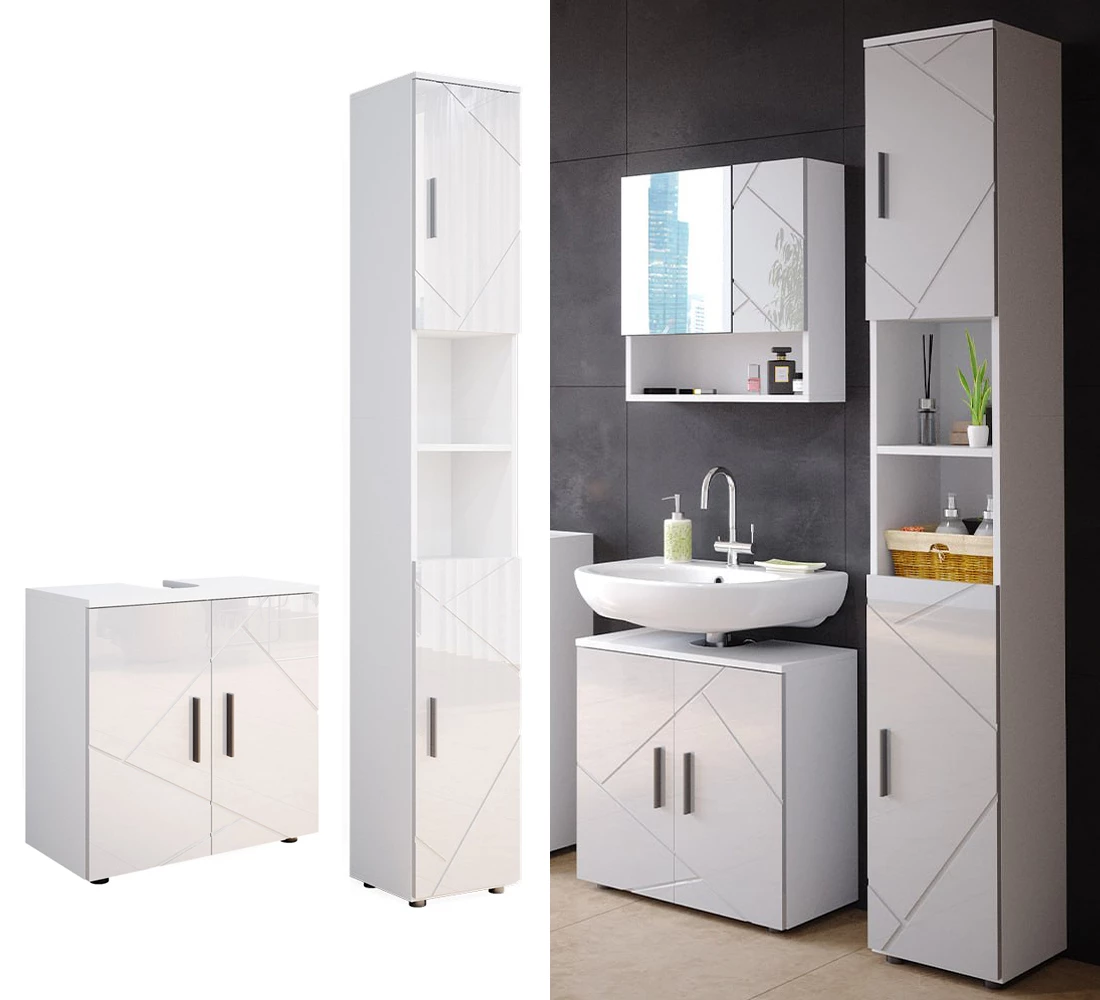 Vicco Badezimmermöbel-Set Weiß Hochglanz 2 Teile, mit Hochschrank, Irma