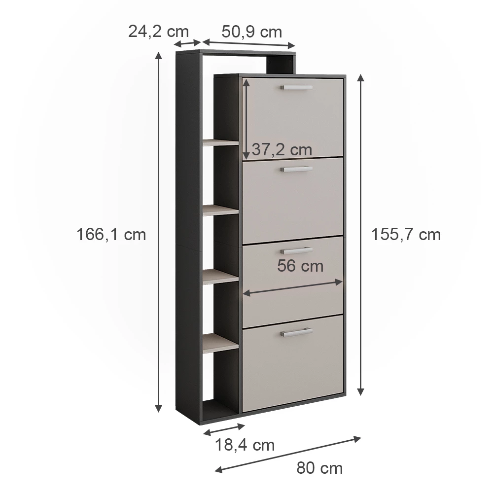 Vicco Skotipper Antracit/grå 80 x 166.1 cm med 4 rum, Orlando
