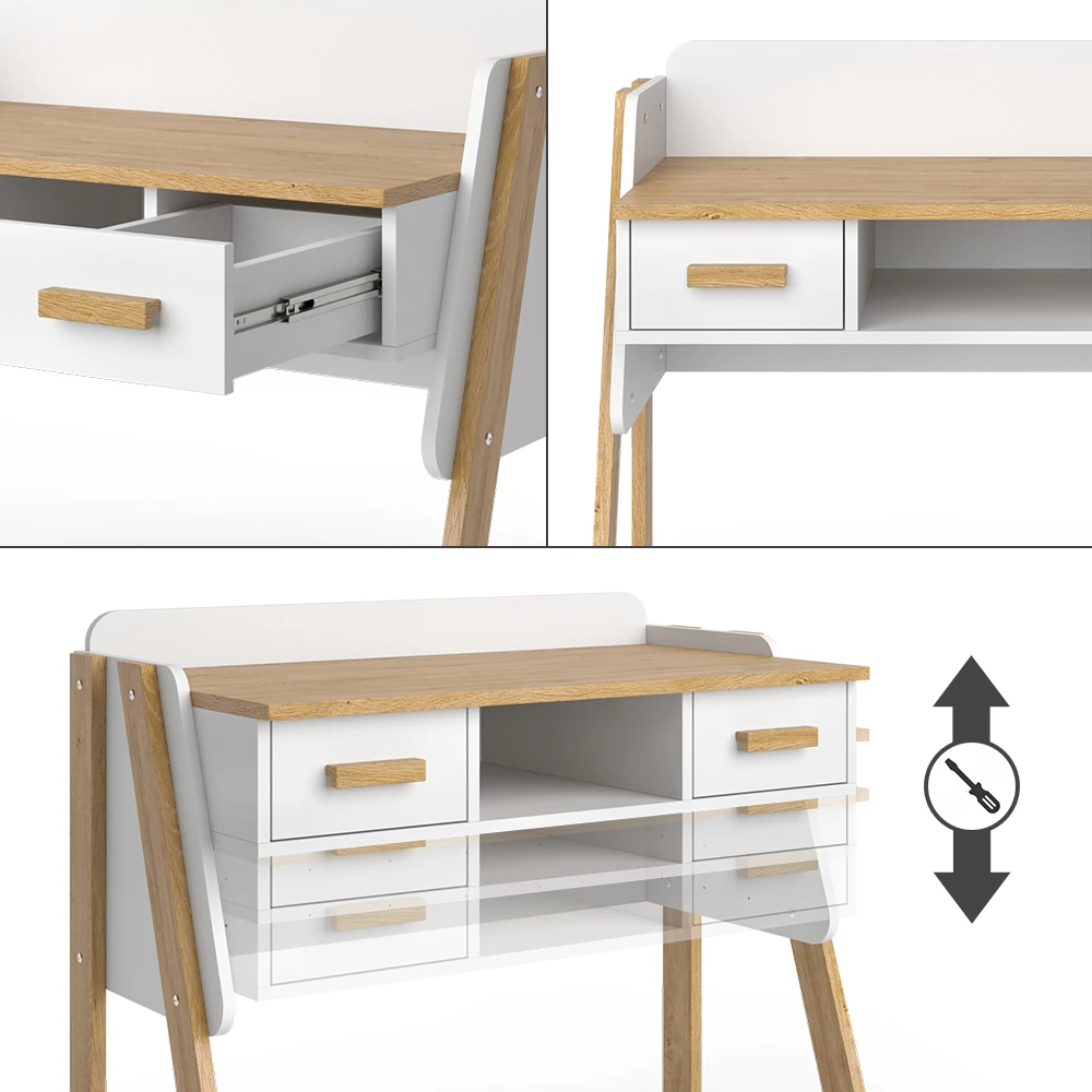 Nahaufnahme von Schreibtisch in Weiß, zeigt Design- und Oberflächendetails