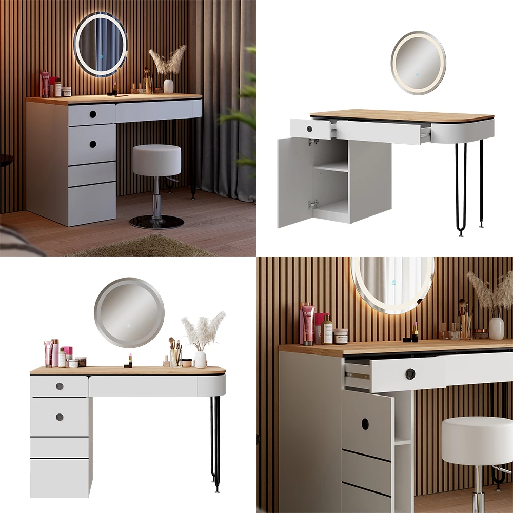 Vicco Dressing table White/Natural wood 120 cm with LED mirror, Mia