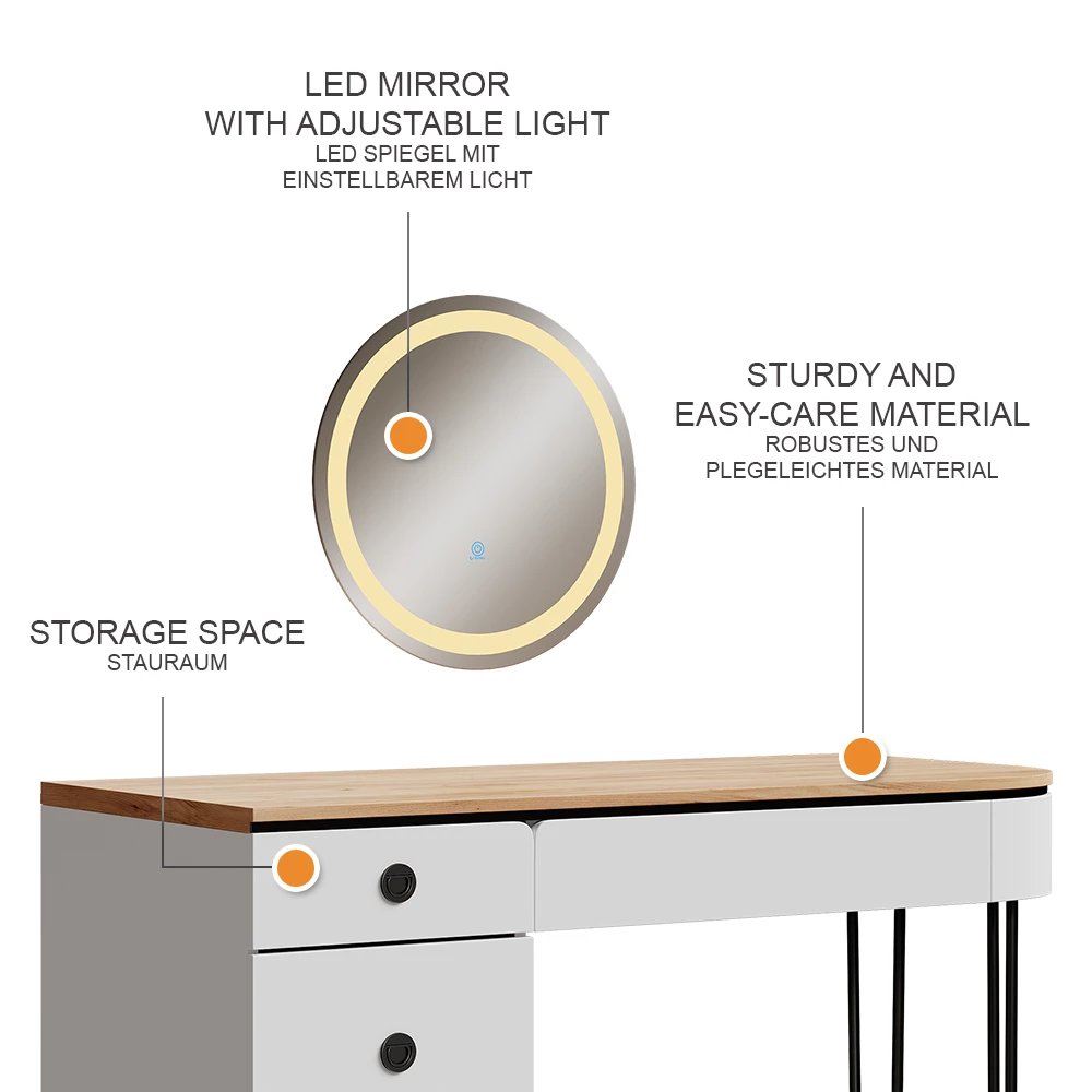 Vicco Dressing table White/Natural wood 120 cm with LED mirror, Mia