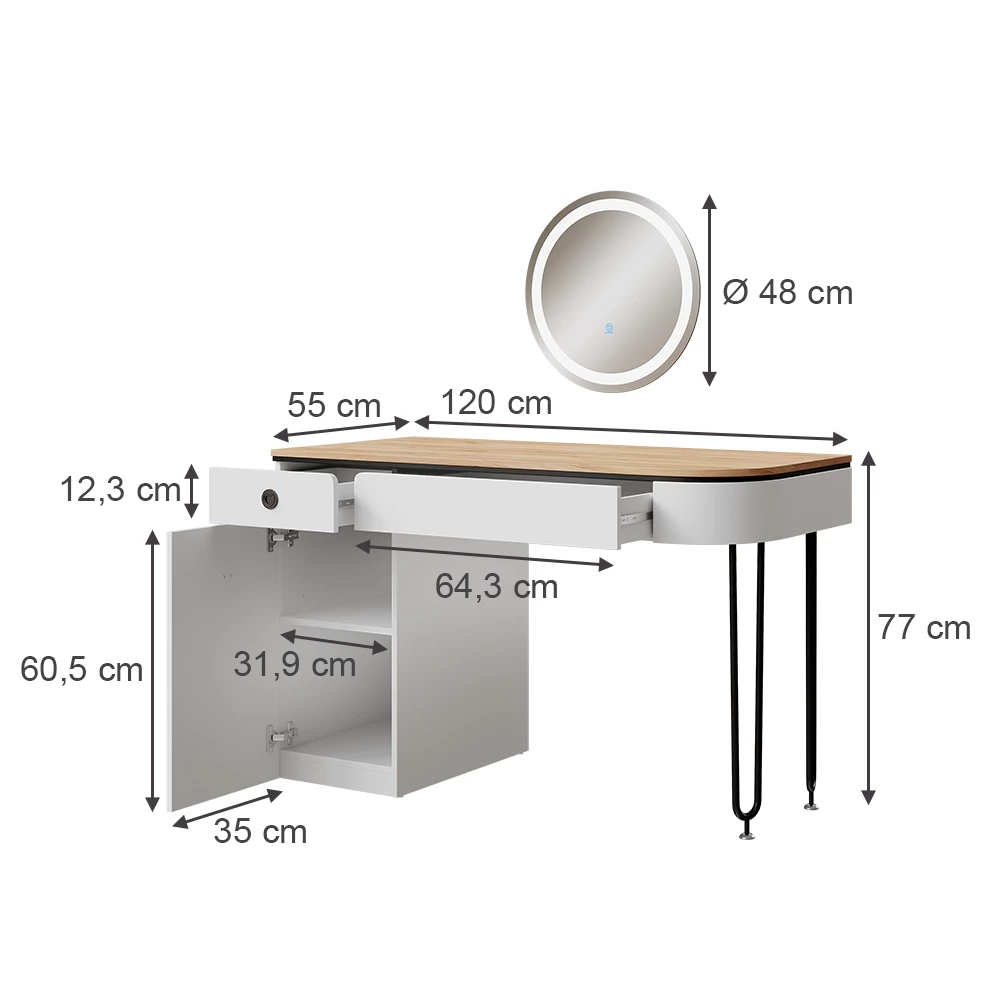 Vicco Dressing table White/Natural wood 120 cm with LED mirror, Mia