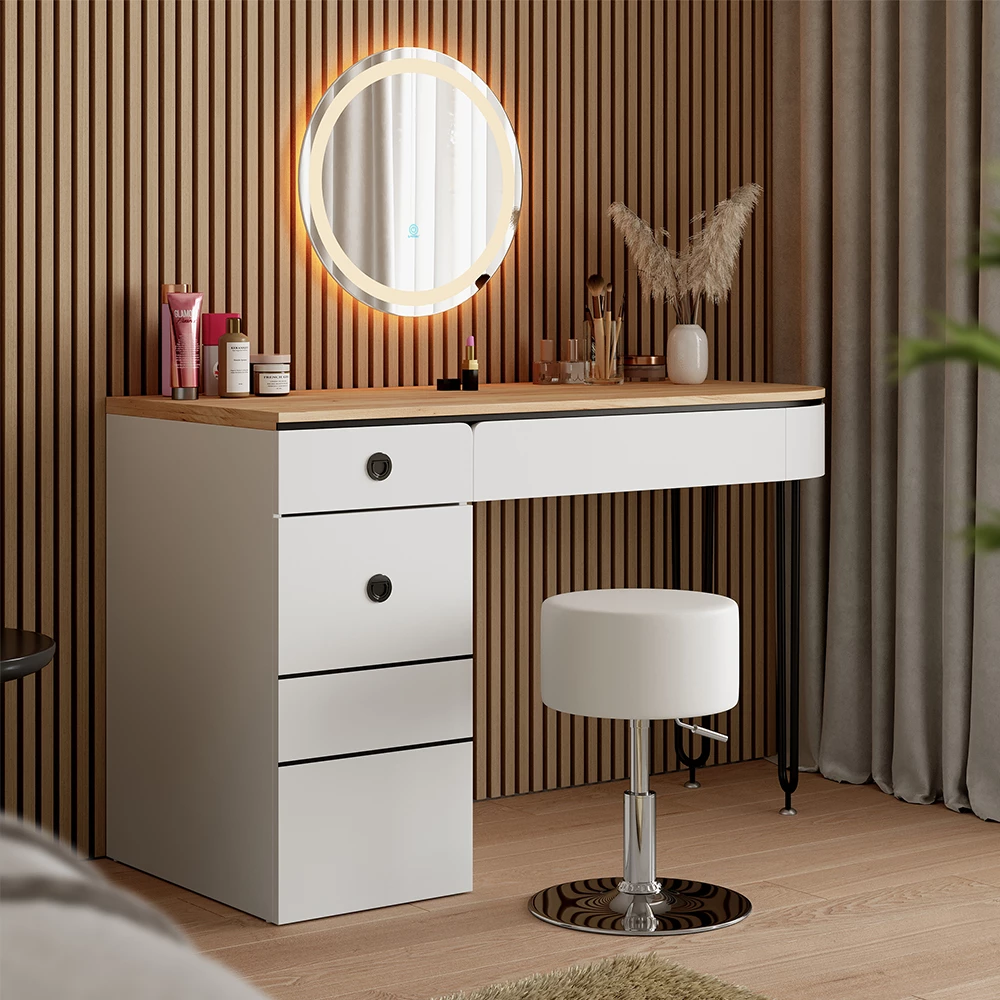 Vicco Dressing table White/Natural wood 120 cm with LED mirror, Mia