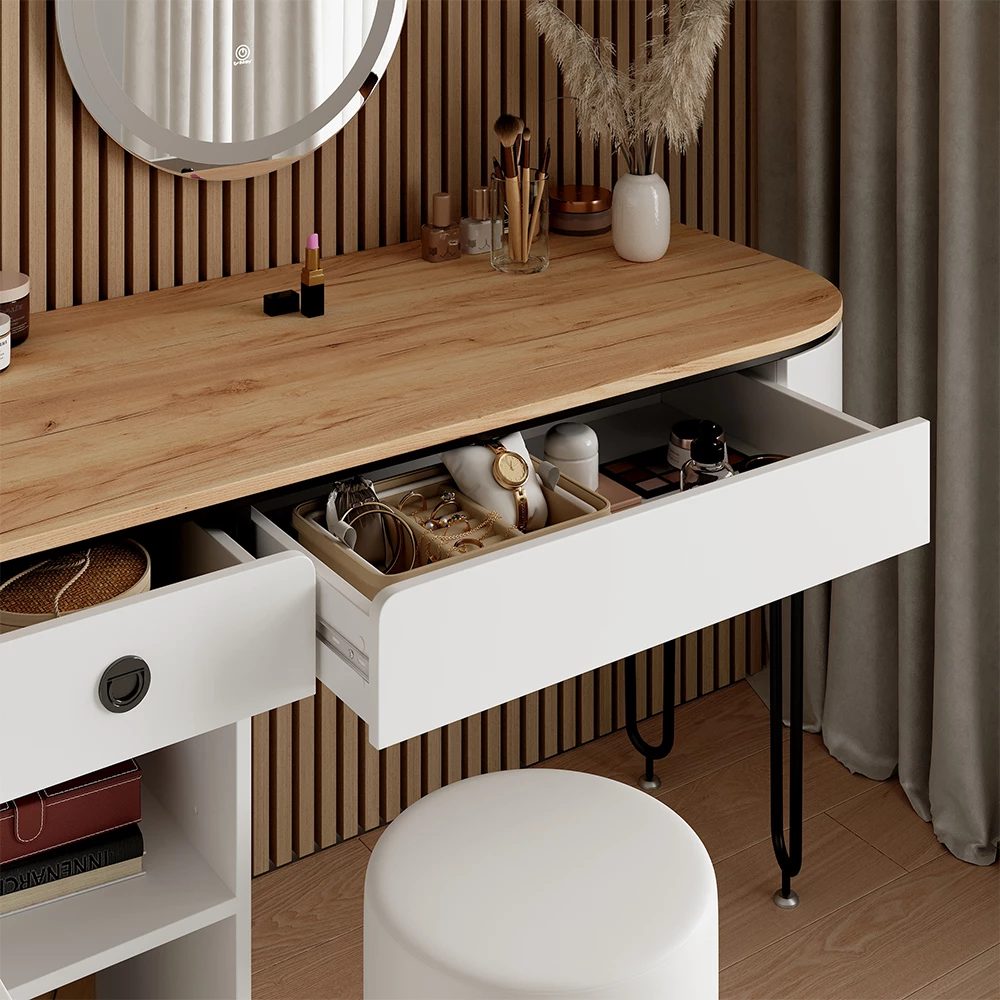 Vicco Dressing table White/Natural wood 120 cm with LED mirror, Mia