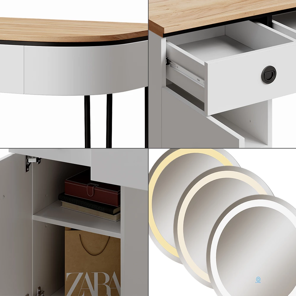 Vicco Dressing table White/Natural wood 120 cm with LED mirror, Mia