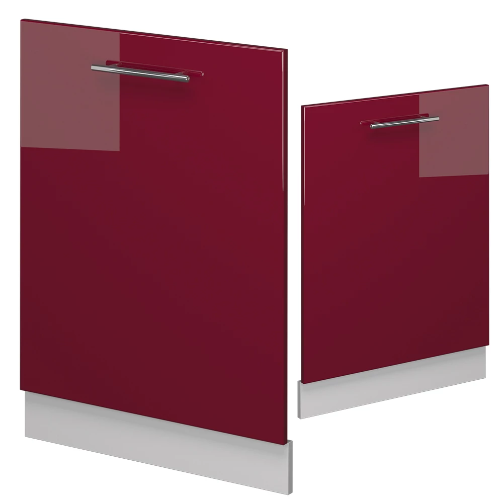 Façade de lave-vaisselle en Rouge bordeaux Haute brillance sur fond blanc avec des éléments décoratifs
