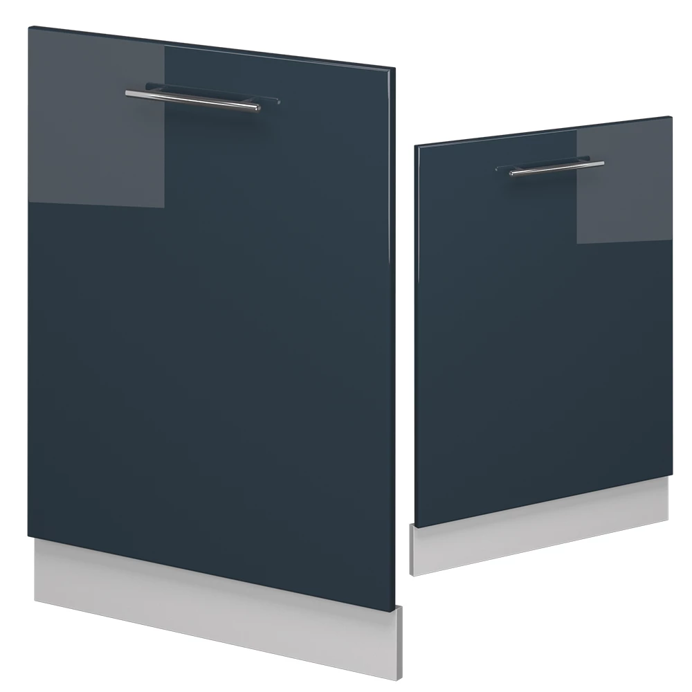 Façade de lave-vaisselle en Bleu foncé brillant sur fond blanc avec des éléments décoratifs