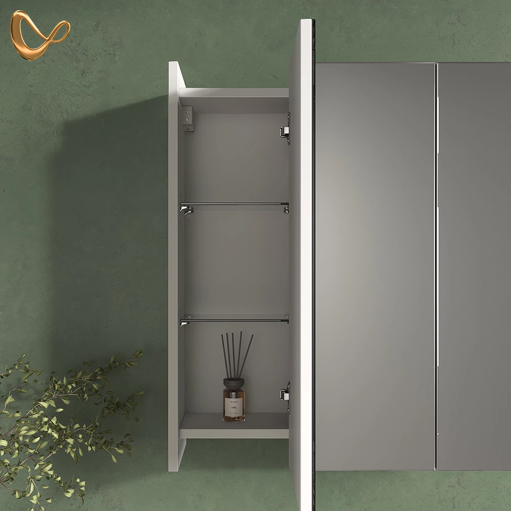 Nahaufnahme von Badmöbel-Set in Weiß, zeigt Design- und Oberflächendetails