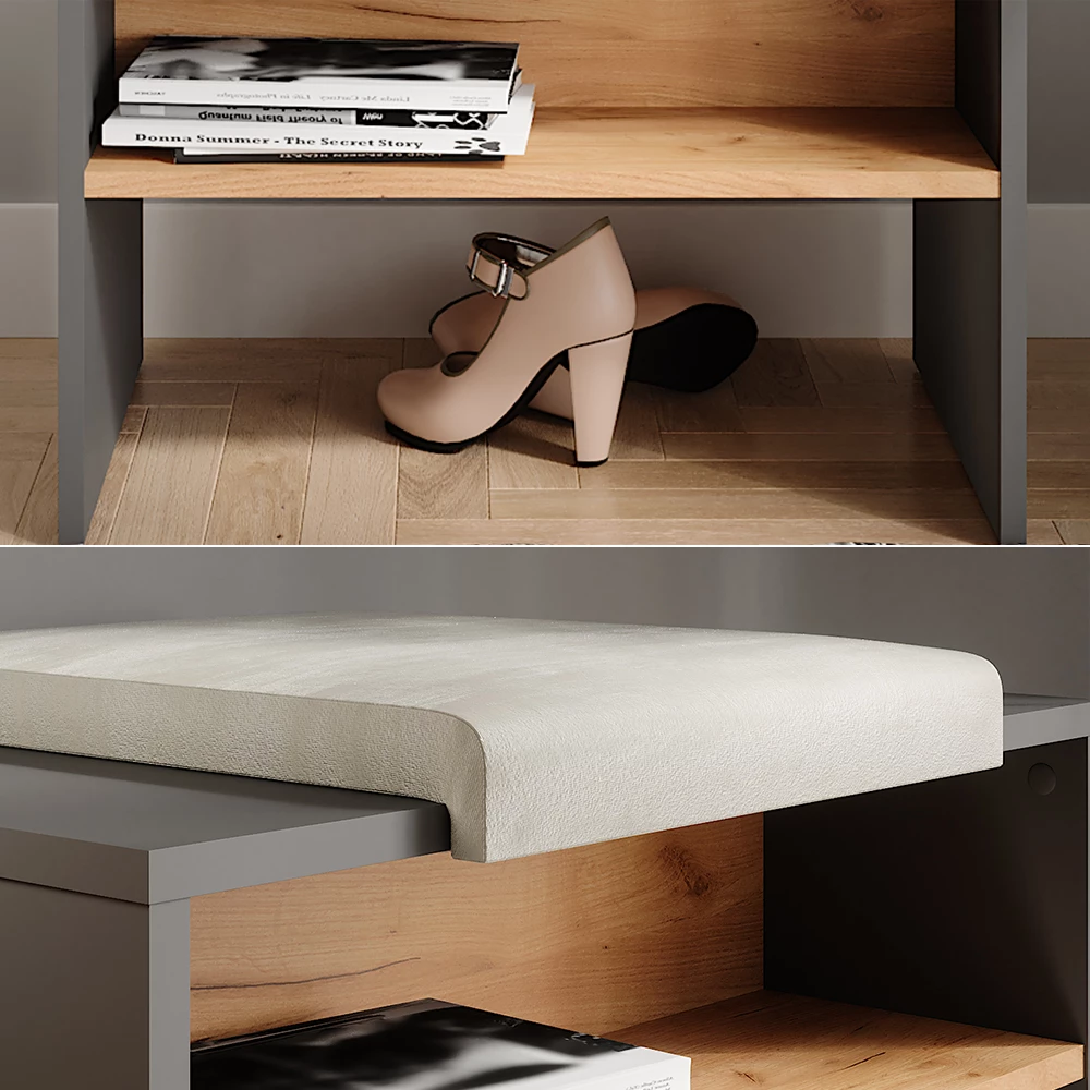 Prikaz izbliza Schuhbank u boji Anthrazit/Goldkraft Eiche, prikazuje teksturu/detalje