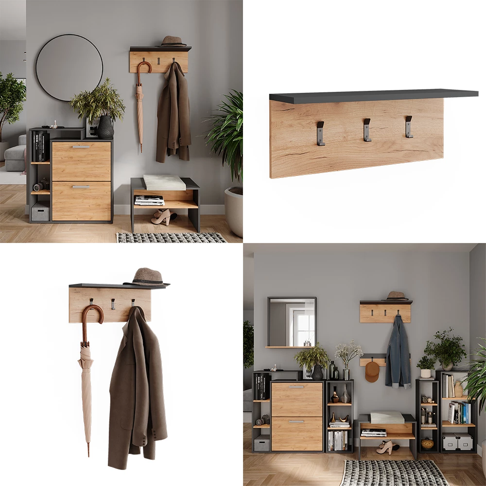 Vicco Garderobe mit Hutablage Anthrazit/Goldkraft Eiche 60 x 21.6 cm, Orlando