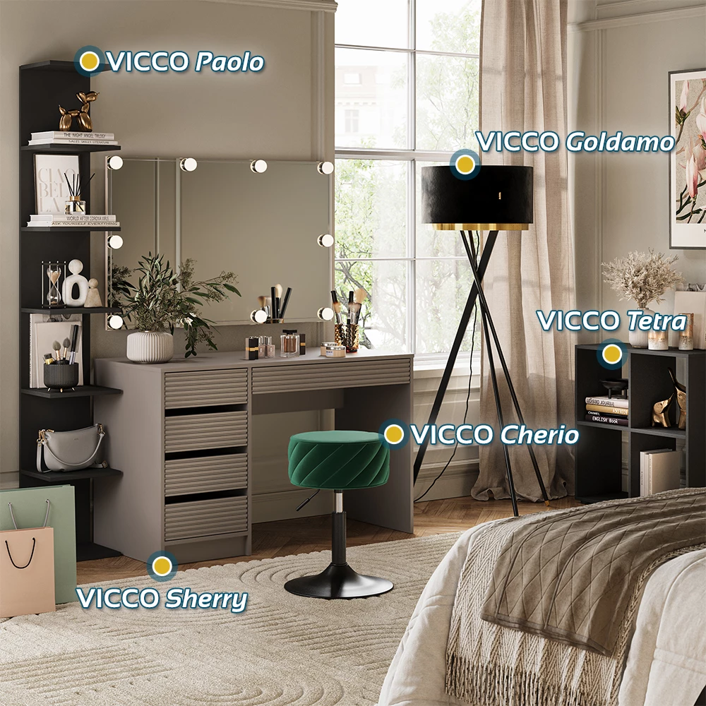 Vicco Tavolino da toilette Cachemire 120 cm con specchio e sgabello, Sherry