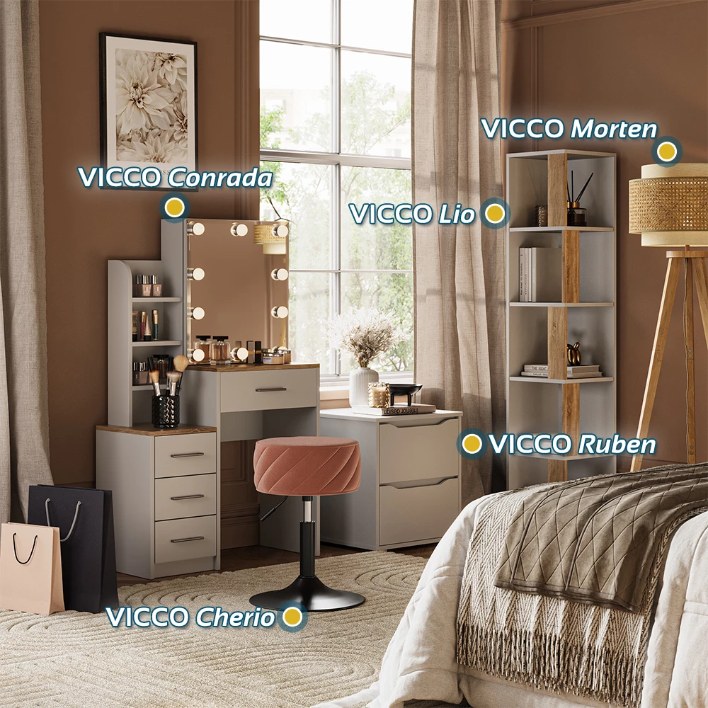 Vicco Tavolo da toeletta Bianco/Sonoma 80 cm con illuminazione a LED, Conrada