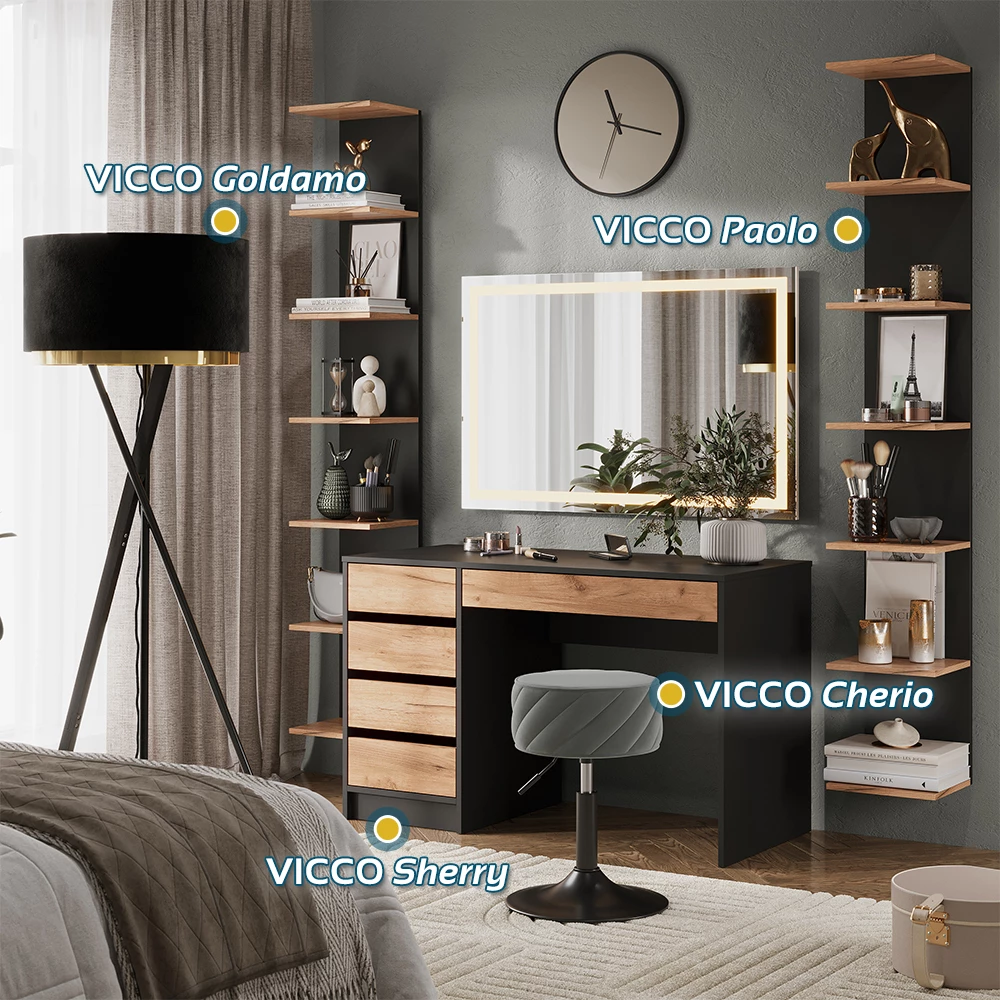 Vicco Schminktisch Anthrazit/Goldkraft Eiche 120 x 75 cm mit LED-Spiegel, Sherry